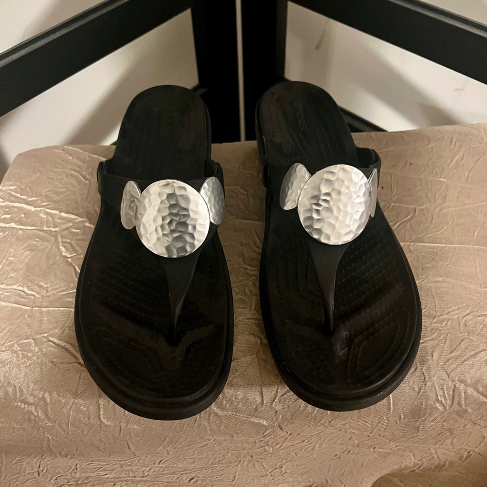 Crocs-Sanrah Black Dual Comfort Wedge Flip Flops-Embellished